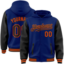 Загрузить изображение в средство просмотра галереи, Custom Royal Black-Orange Bomber Full-Snap Varsity Letterman Two Tone Hoodie Jacket
