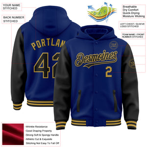 Custom Royal Black-Old Gold Bomber Full-Snap Varsity Letterman Two Tone Hoodie Jacket