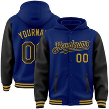 Charger l&#39;image dans la galerie, Custom Royal Black-Old Gold Bomber Full-Snap Varsity Letterman Two Tone Hoodie Jacket
