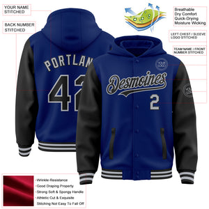 Custom Royal Black-Gray Bomber Full-Snap Varsity Letterman Two Tone Hoodie Jacket