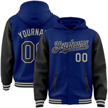 Charger l&#39;image dans la galerie, Custom Royal Black-Gray Bomber Full-Snap Varsity Letterman Two Tone Hoodie Jacket
