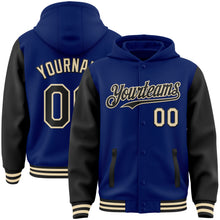 Charger l&#39;image dans la galerie, Custom Royal Black-Cream Bomber Full-Snap Varsity Letterman Two Tone Hoodie Jacket
