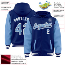 Charger l&#39;image dans la galerie, Custom Royal Light Blue-White Bomber Full-Snap Varsity Letterman Two Tone Hoodie Jacket
