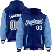 Charger l&#39;image dans la galerie, Custom Royal Light Blue-White Bomber Full-Snap Varsity Letterman Two Tone Hoodie Jacket
