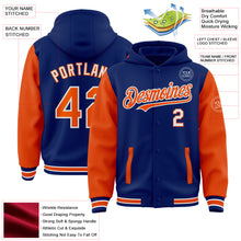 Laden Sie das Bild in den Galerie-Viewer, Custom Royal Orange-White Bomber Full-Snap Varsity Letterman Two Tone Hoodie Jacket
