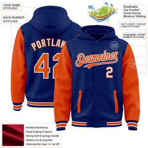 Custom Royal Orange-White Bomber Full-Snap Varsity Letterman Two Tone Hoodie Jacket