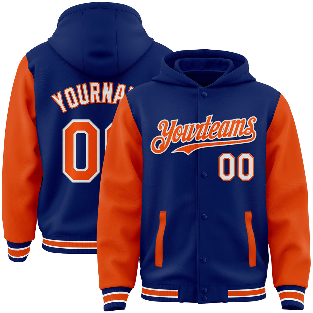 Custom Royal Orange-White Bomber Full-Snap Varsity Letterman Two Tone Hoodie Jacket