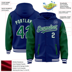 Custom Royal Kelly Green-White Bomber Full-Snap Varsity Letterman Two Tone Hoodie Jacket