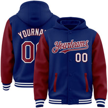 Charger l&#39;image dans la galerie, Custom Royal Crimson-White Bomber Full-Snap Varsity Letterman Two Tone Hoodie Jacket
