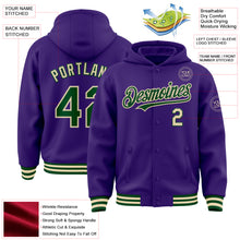 Загрузить изображение в средство просмотра галереи, Custom Purple Green-Cream Bomber Full-Snap Varsity Letterman Hoodie Jacket
