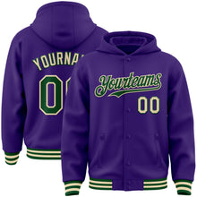 Загрузить изображение в средство просмотра галереи, Custom Purple Green-Cream Bomber Full-Snap Varsity Letterman Hoodie Jacket
