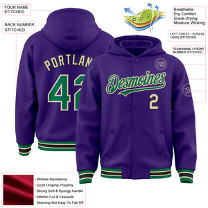 Custom Purple Kelly Green-Cream Bomber Full-Snap Varsity Letterman Hoodie Jacket