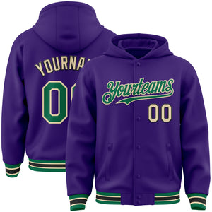 Custom Purple Kelly Green-Cream Bomber Full-Snap Varsity Letterman Hoodie Jacket