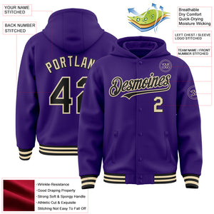 Custom Purple Black-Cream Bomber Full-Snap Varsity Letterman Hoodie Jacket