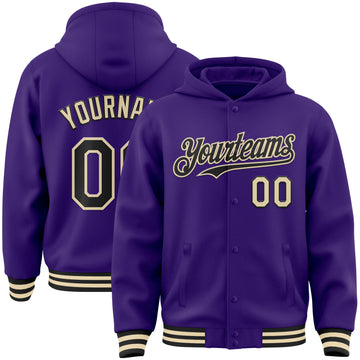 Custom Purple Black-Cream Bomber Full-Snap Varsity Letterman Hoodie Jacket