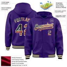 Laden Sie das Bild in den Galerie-Viewer, Custom Purple Vintage USA Flag Cream-Black Bomber Full-Snap Varsity Letterman Hoodie Jacket
