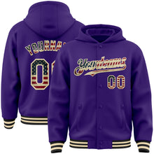 Загрузить изображение в средство просмотра галереи, Custom Purple Vintage USA Flag Cream-Black Bomber Full-Snap Varsity Letterman Hoodie Jacket
