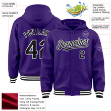 Загрузить изображение в средство просмотра галереи, Custom Purple Black-White Bomber Full-Snap Varsity Letterman Hoodie Jacket
