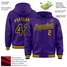 Загрузить изображение в средство просмотра галереи, Custom Purple Black-Gold Bomber Full-Snap Varsity Letterman Hoodie Jacket
