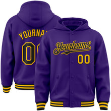 Загрузить изображение в средство просмотра галереи, Custom Purple Black-Gold Bomber Full-Snap Varsity Letterman Hoodie Jacket
