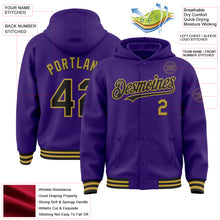 Загрузить изображение в средство просмотра галереи, Custom Purple Black-Old Gold Bomber Full-Snap Varsity Letterman Hoodie Jacket
