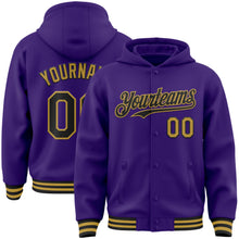 Загрузить изображение в средство просмотра галереи, Custom Purple Black-Old Gold Bomber Full-Snap Varsity Letterman Hoodie Jacket
