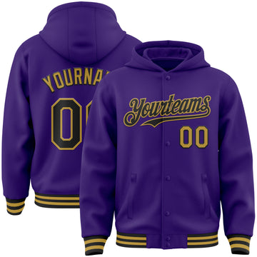 Custom Purple Black-Old Gold Bomber Full-Snap Varsity Letterman Hoodie Jacket