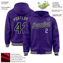 Загрузить изображение в средство просмотра галереи, Custom Purple Black-Gray Bomber Full-Snap Varsity Letterman Hoodie Jacket
