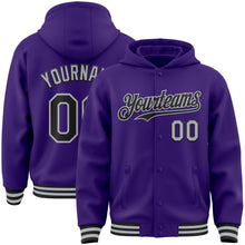 Загрузить изображение в средство просмотра галереи, Custom Purple Black-Gray Bomber Full-Snap Varsity Letterman Hoodie Jacket
