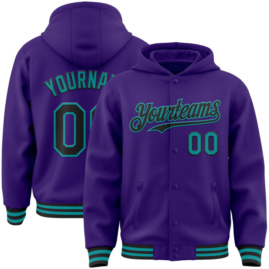 Custom Purple Black-Teal Bomber Full-Snap Varsity Letterman Hoodie Jacket