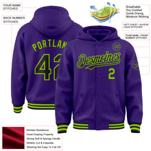 Загрузить изображение в средство просмотра галереи, Custom Purple Black-Neon Green Bomber Full-Snap Varsity Letterman Hoodie Jacket
