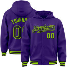 Загрузить изображение в средство просмотра галереи, Custom Purple Black-Neon Green Bomber Full-Snap Varsity Letterman Hoodie Jacket
