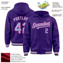 Загрузить изображение в средство просмотра галереи, Custom Purple Light Blue Pink-Black Bomber Full-Snap Varsity Letterman Hoodie Jacket
