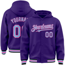 Загрузить изображение в средство просмотра галереи, Custom Purple Light Blue Pink-Black Bomber Full-Snap Varsity Letterman Hoodie Jacket
