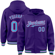 Загрузить изображение в средство просмотра галереи, Custom Purple Sky Blue Pink-Black Bomber Full-Snap Varsity Letterman Hoodie Jacket
