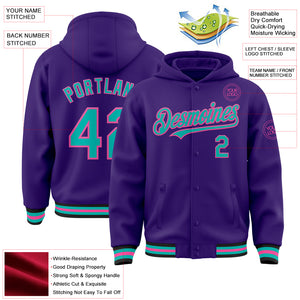 Custom Purple Aqua Pink-Black Bomber Full-Snap Varsity Letterman Hoodie Jacket