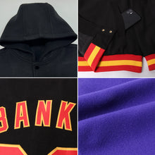 Charger l&#39;image dans la galerie, Custom Purple Black-Gold Bomber Full-Snap Varsity Letterman Hoodie Jacket
