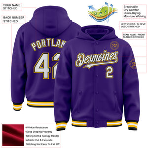 Custom Purple Black-Gold Bomber Full-Snap Varsity Letterman Hoodie Jacket