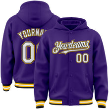 Charger l&#39;image dans la galerie, Custom Purple Black-Gold Bomber Full-Snap Varsity Letterman Hoodie Jacket
