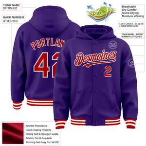 Custom Purple Red-White Bomber Full-Snap Varsity Letterman Hoodie Jacket