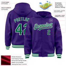 Charger l&#39;image dans la galerie, Custom Purple Kelly Green-White Bomber Full-Snap Varsity Letterman Hoodie Jacket
