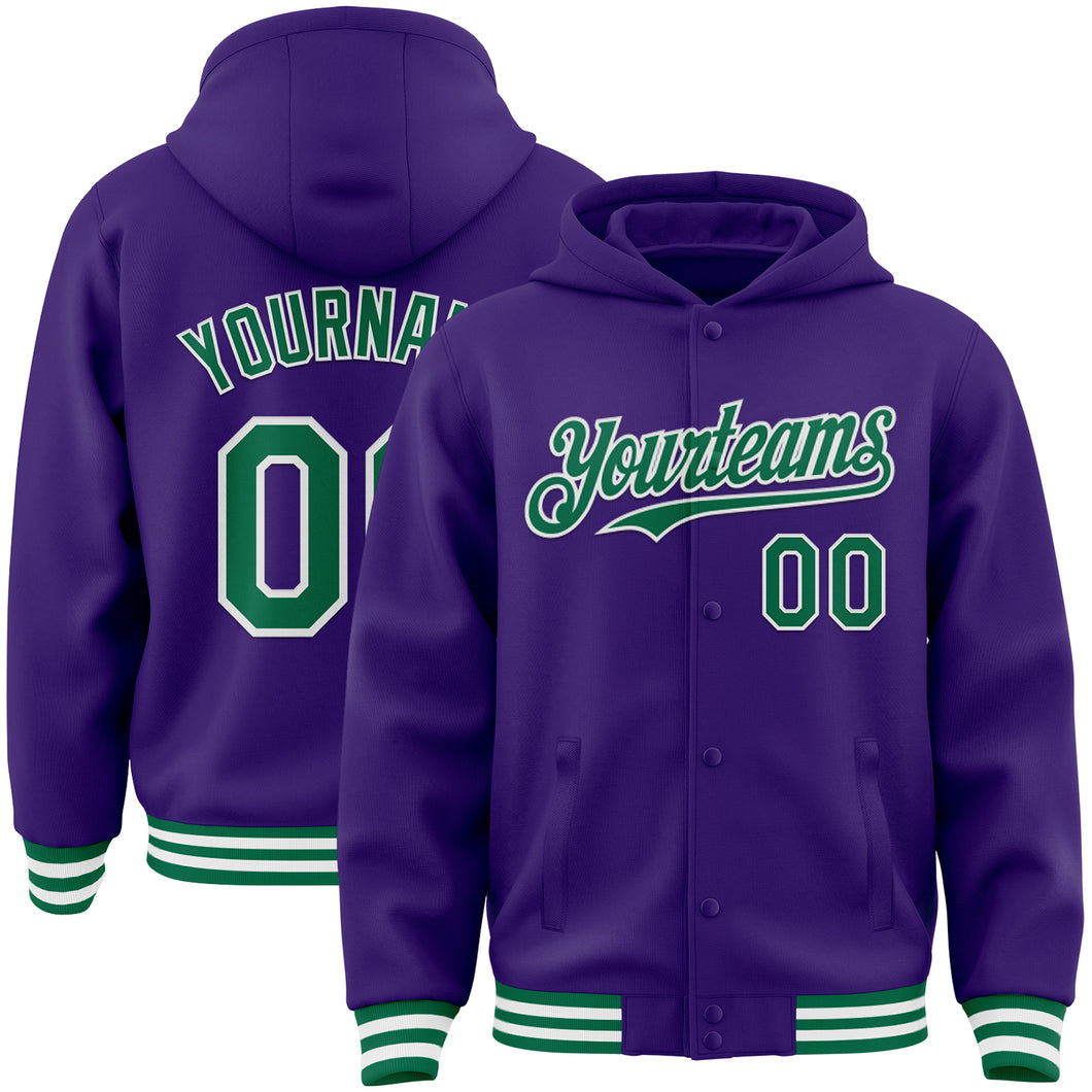 Custom Purple Kelly Green-White Bomber Full-Snap Varsity Letterman Hoodie Jacket