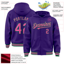 Загрузить изображение в средство просмотра галереи, Custom Purple Pink-Kelly Green Bomber Full-Snap Varsity Letterman Hoodie Jacket
