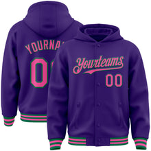 Загрузить изображение в средство просмотра галереи, Custom Purple Pink-Kelly Green Bomber Full-Snap Varsity Letterman Hoodie Jacket
