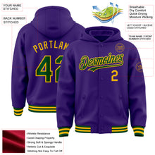 Laden Sie das Bild in den Galerie-Viewer, Custom Purple Green-Gold Bomber Full-Snap Varsity Letterman Hoodie Jacket
