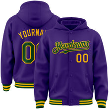 Laden Sie das Bild in den Galerie-Viewer, Custom Purple Green-Gold Bomber Full-Snap Varsity Letterman Hoodie Jacket
