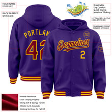 Загрузить изображение в средство просмотра галереи, Custom Purple Crimson-Gold Bomber Full-Snap Varsity Letterman Hoodie Jacket
