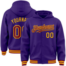 Загрузить изображение в средство просмотра галереи, Custom Purple Crimson-Gold Bomber Full-Snap Varsity Letterman Hoodie Jacket
