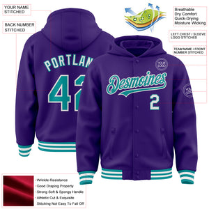 Custom Purple Teal-White Bomber Full-Snap Varsity Letterman Hoodie Jacket