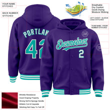 Загрузить изображение в средство просмотра галереи, Custom Purple Aqua-White Bomber Full-Snap Varsity Letterman Hoodie Jacket
